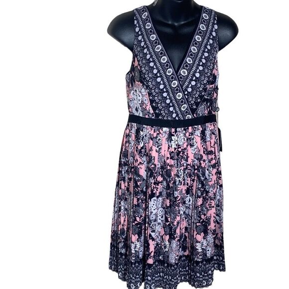Adrianna papell dress pink black floral boho Bloomcore pleated fairy feminine 4 - Picture 1 of 9